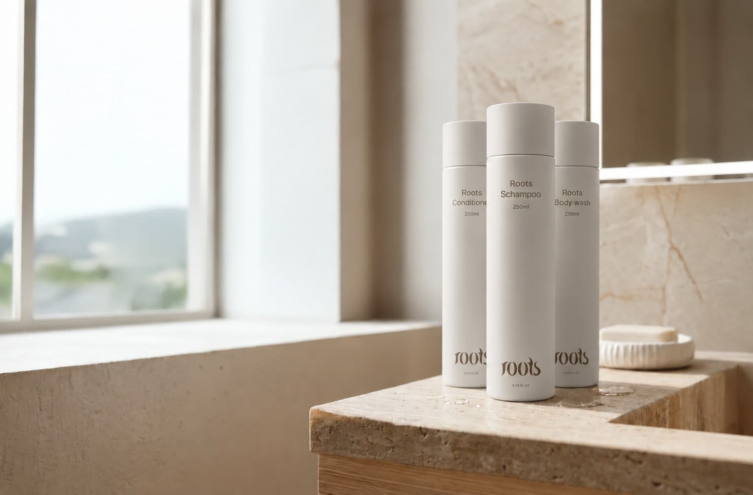 Roots Schampoo, Conditioner och Body Wash på en stenbänk i ett ljust badrum