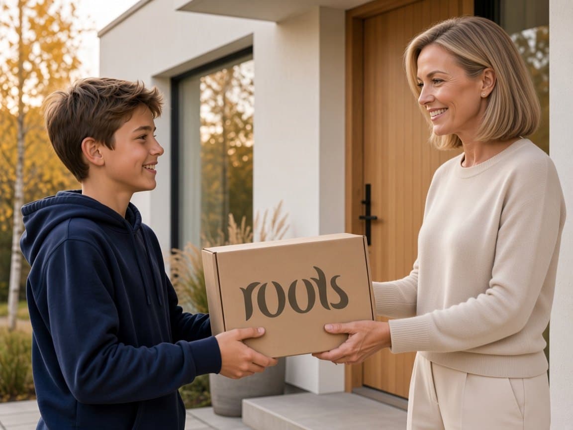 En kille lämnar en leveranslåda från Roots till en kvinna i dörren till en modern villa