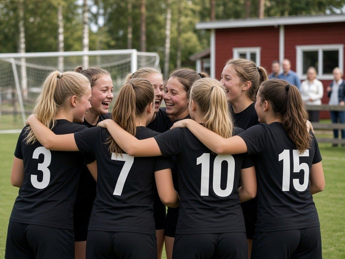 Ett flicklag i matchställ samlas i en ring och jublar inför matchen